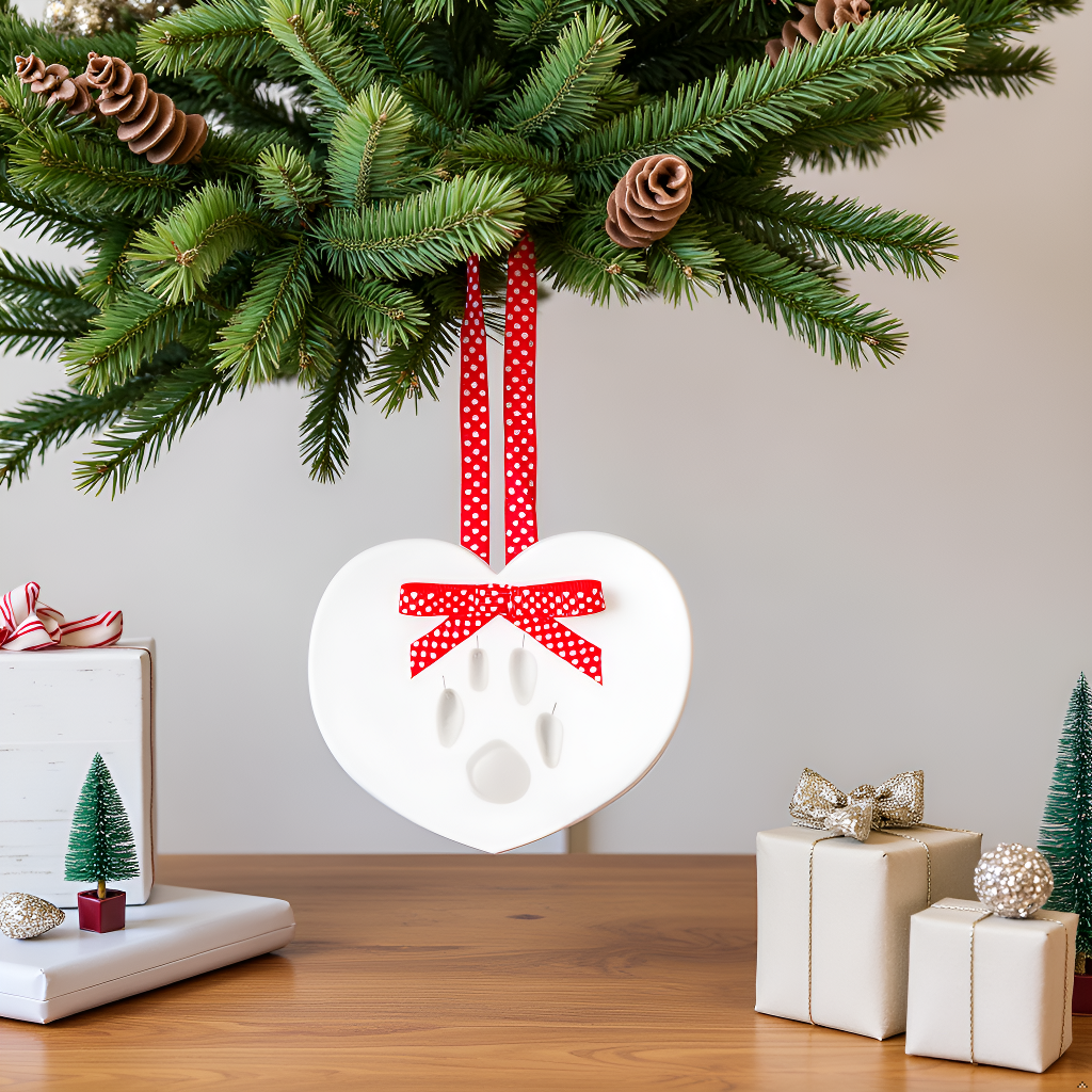 Pawprints Keepsake Hanging Holiday Ornament, Heart Shape